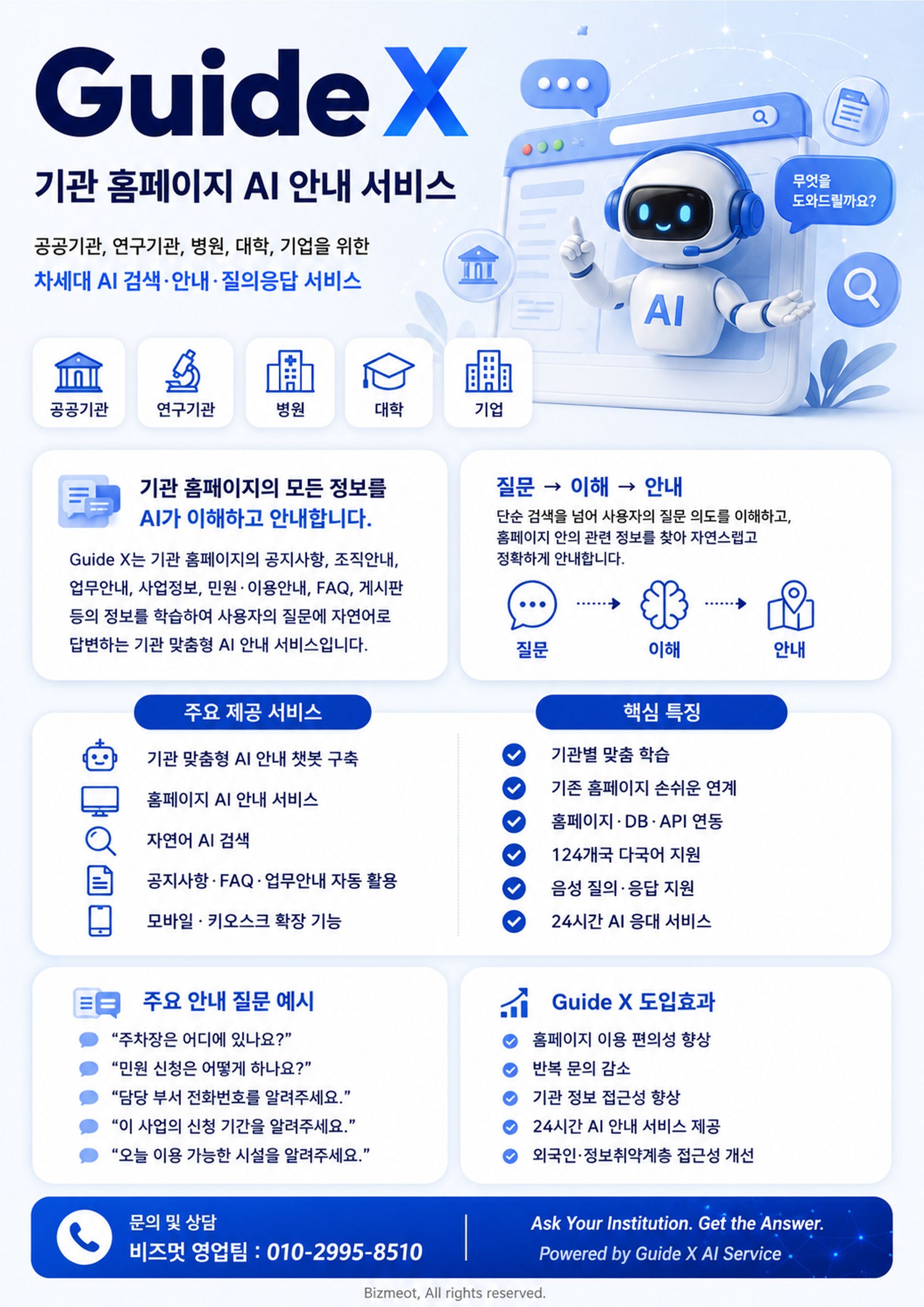 Guide X 서비스 개요, 주요 제공 서비스, 핵심 특징, 안내 질문 예시와 도입효과를 정리한 안내 이미지